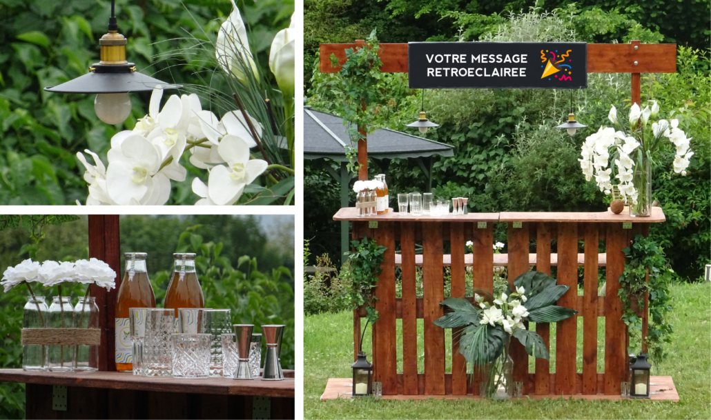 Bar à cocktail personnalisé pour événement privé professionnel mariage Lyon Genève FIN PALLET Bar Fin Pallet en bois, fleuri pour événements à Lyon et Genève